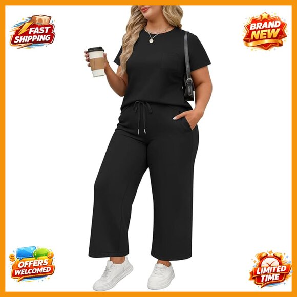 Plus Size 2-Piece Lounge Set Short Sleeve Top Wide Leg Pants Travel Outfits